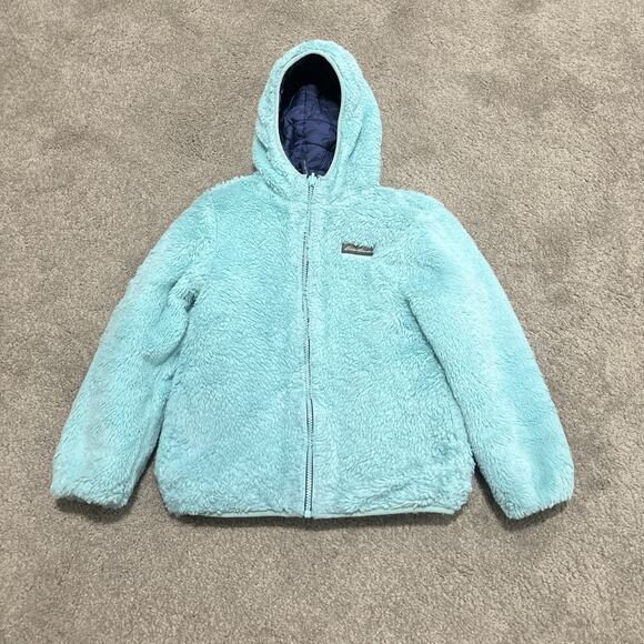 Eddie Bauer Girls Size S 7/8 Blue Puffer Coat Fleece Lined Reversible Jacket - Picture 3 of 5